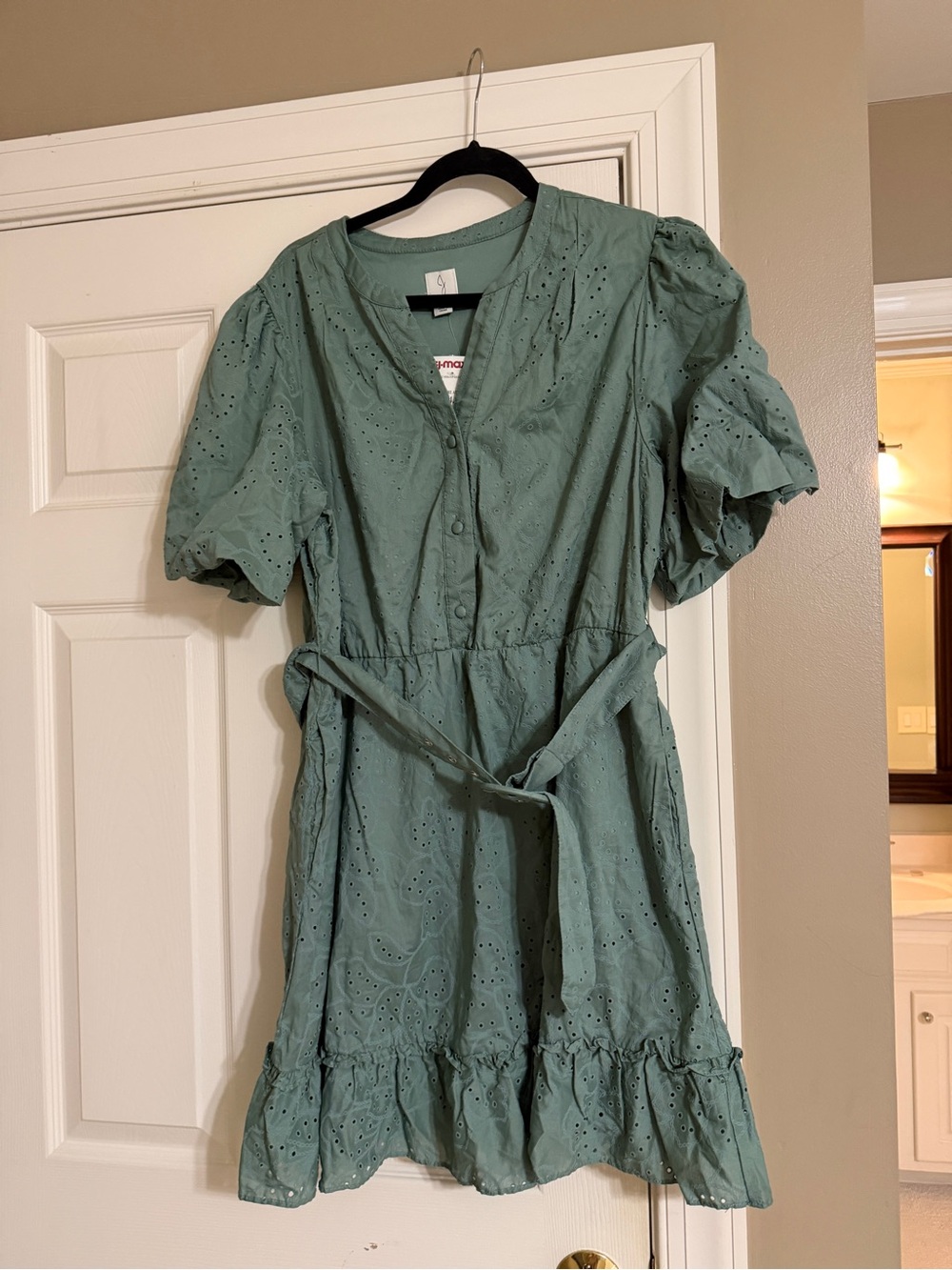 Joie Sage Green Eyelet Tie-Waist Mini Dress